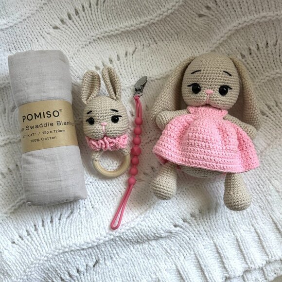 Handmade Baby Gift Set – Crochet Bunny, Rattle, Swaddle & Pacifier Clip - Picture 3 of 8